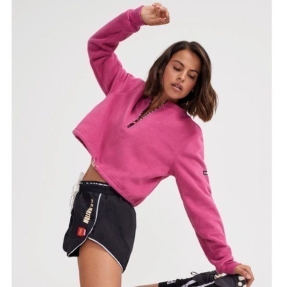 P.E Nation Double Team‎ Pink Cropped Fleece Sweatshirt Zip Neck NWT Small - Picture 1 of 10